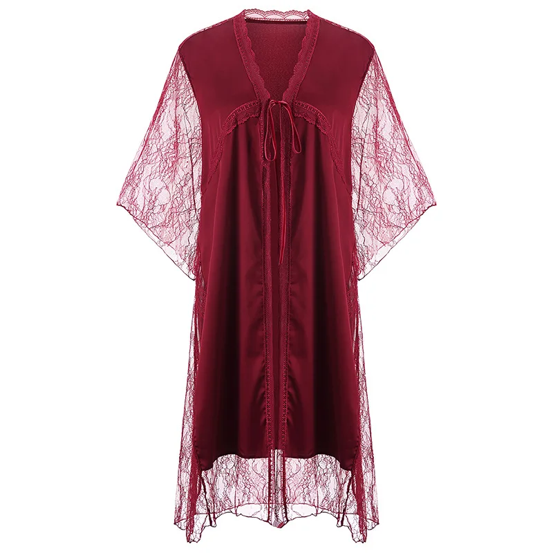 High quality new red elegant female lace stitching satin sleeve embroidery long cardigan nightgown nightdress suit