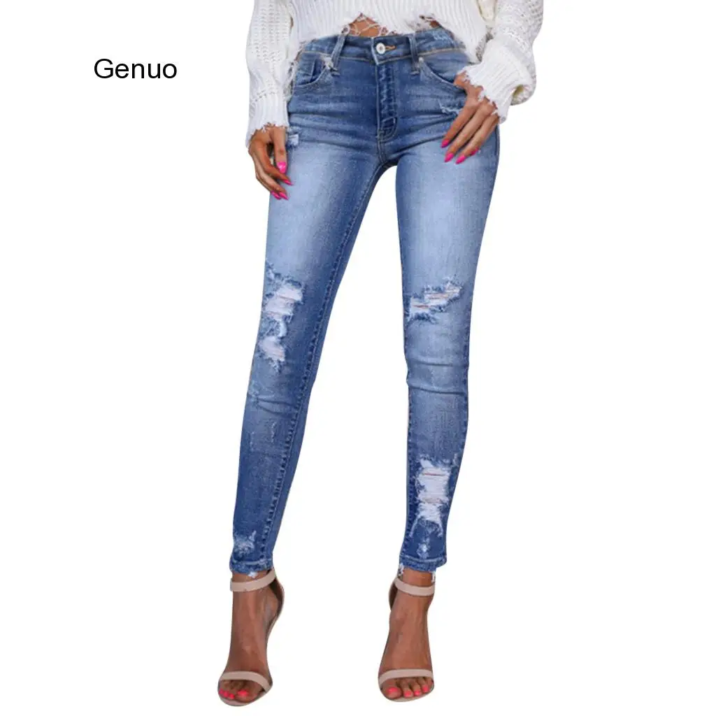 Fashion Jeans for Women Mom Jeans High Waist High Elastic Hole Ripped Stretch Jeans Female Washed Denim Skinny Pencil Pants