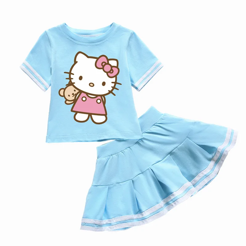 Hello Kitty Summer Girls Cartoon abito in due pezzi di cotone T-shirt a maniche corte girocollo per bambini + gonna a pieghe abito dolce carino