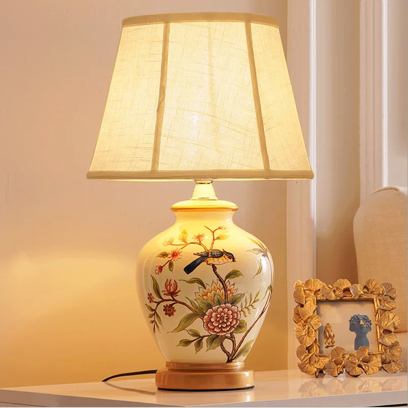 Chinese style flower&bird ceramic Table Lamps Classical dimmer/Touch switch fabric E27 LED lamp for bedside&foyer&studio MF050