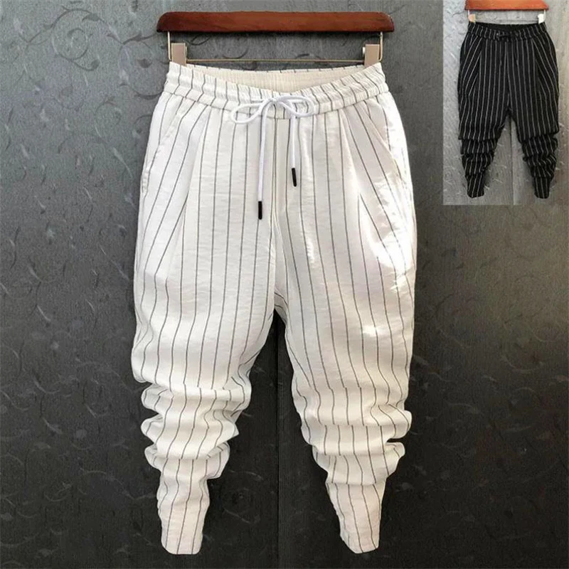 

Summer Pants Men Stripe Printing Slim Trousers Trendy Korean Fashion Youth Men's Harem Pants 2021 Big Size Pantalones De Hombre