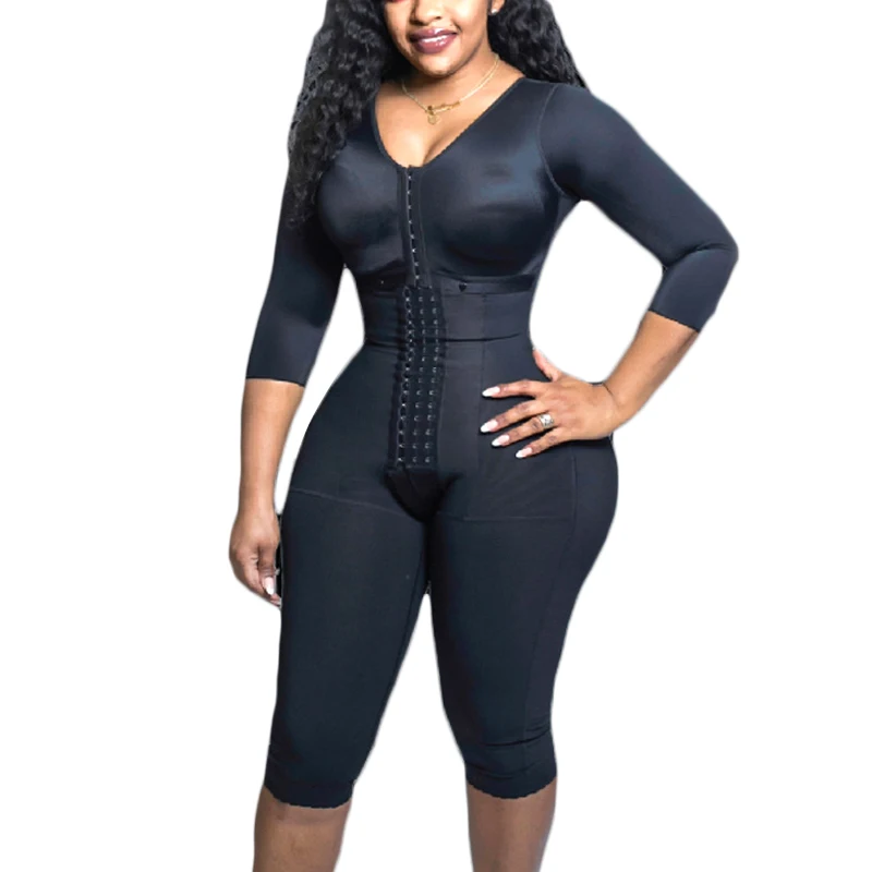 Full Body Shapewear With Sleeves Knee Length Shorts Butt Lift Up Tigh Slimming Front Hooks Waist Trainer Shapewear for Women