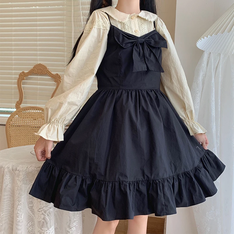 Black Dress Female 2020 Autumn Japanese Sweet Bow High  Student Ruffled Sling Full Body Dress kawaii clothing sweet lolita dress