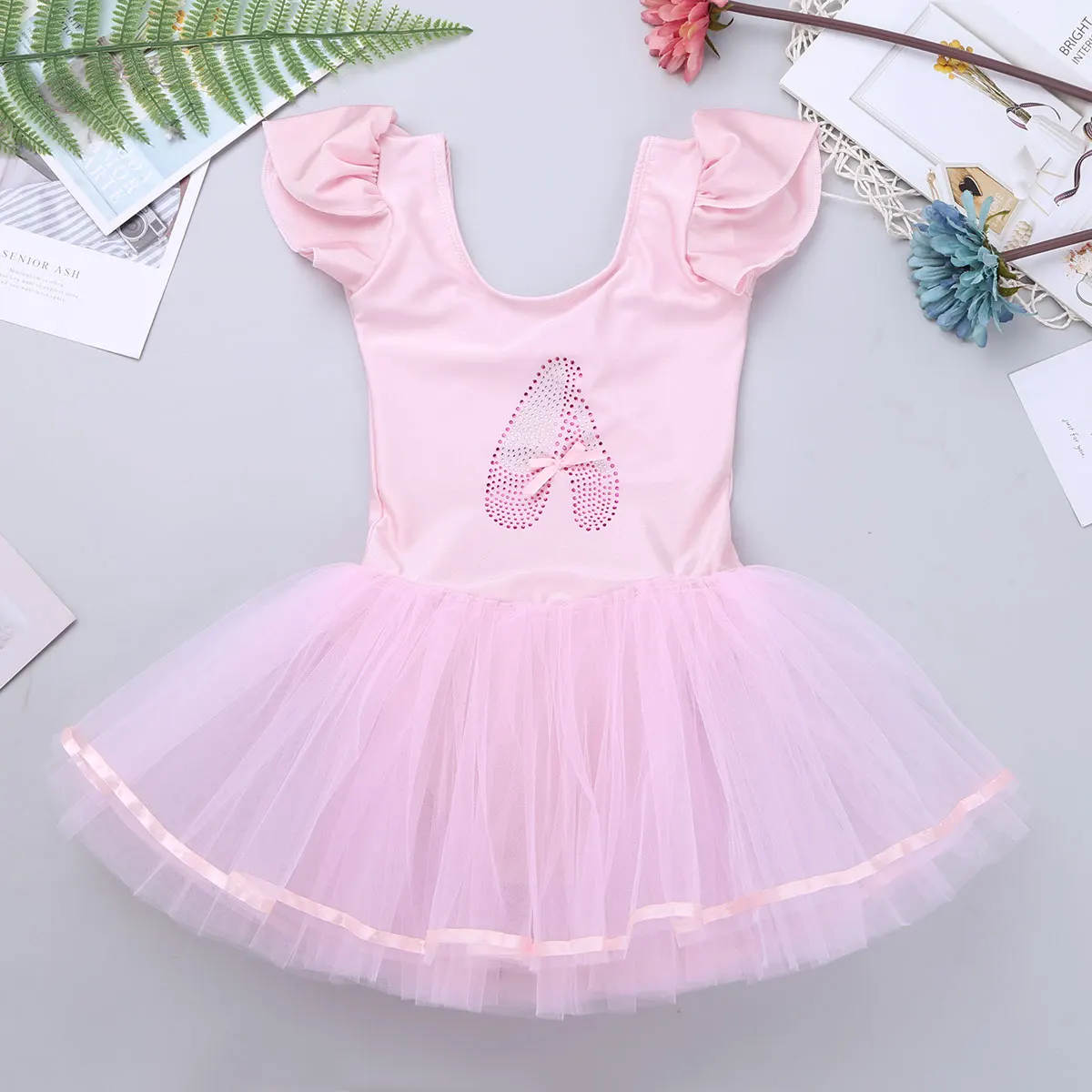 Kids Ballet Tutu Tulle Dress Puff Sleeve Gymnastics Leotard Diamond Ballet Dance Leotard Girl Ballerina Dancewear Party Costumes