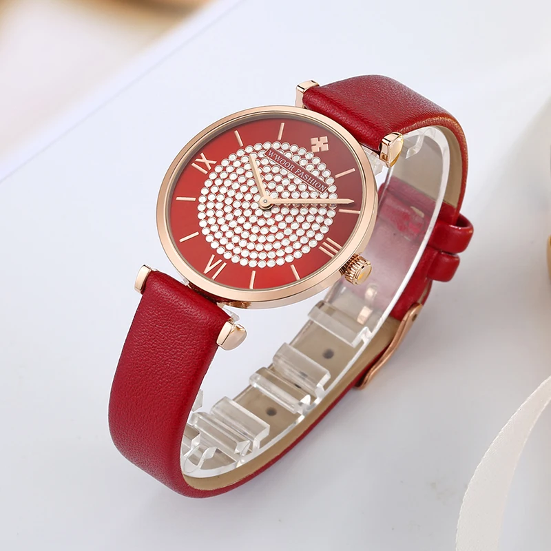 WWOOR Luxury Small Dial Women Watches Dress Diamond Wrist Watch For Women Red Leather Quartz Waterproof Clock Gift Female Watch