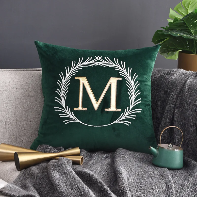 Diphylleia Monogrammed Cushion Covers Initial Letter Embroidery Coussin Soft Velvet Orange Rose Red Green Pillow Case Drop Ship