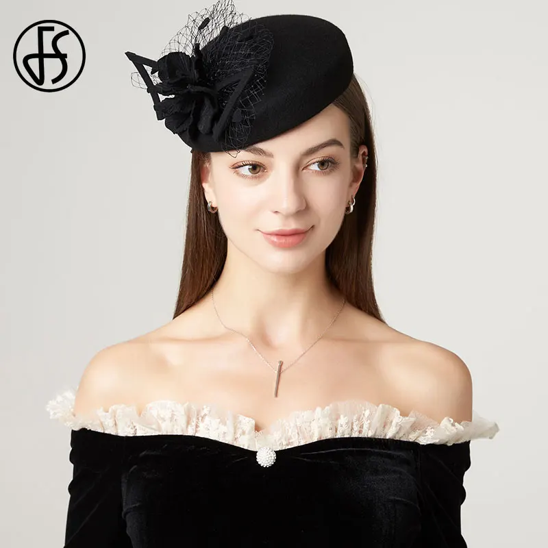 FS 2023 New Vintage Black 100% Wool Hats For Women Fashion Fedora Hat Mesh Flower Hat Wedding White Elegant Ladies Pillbox Hat