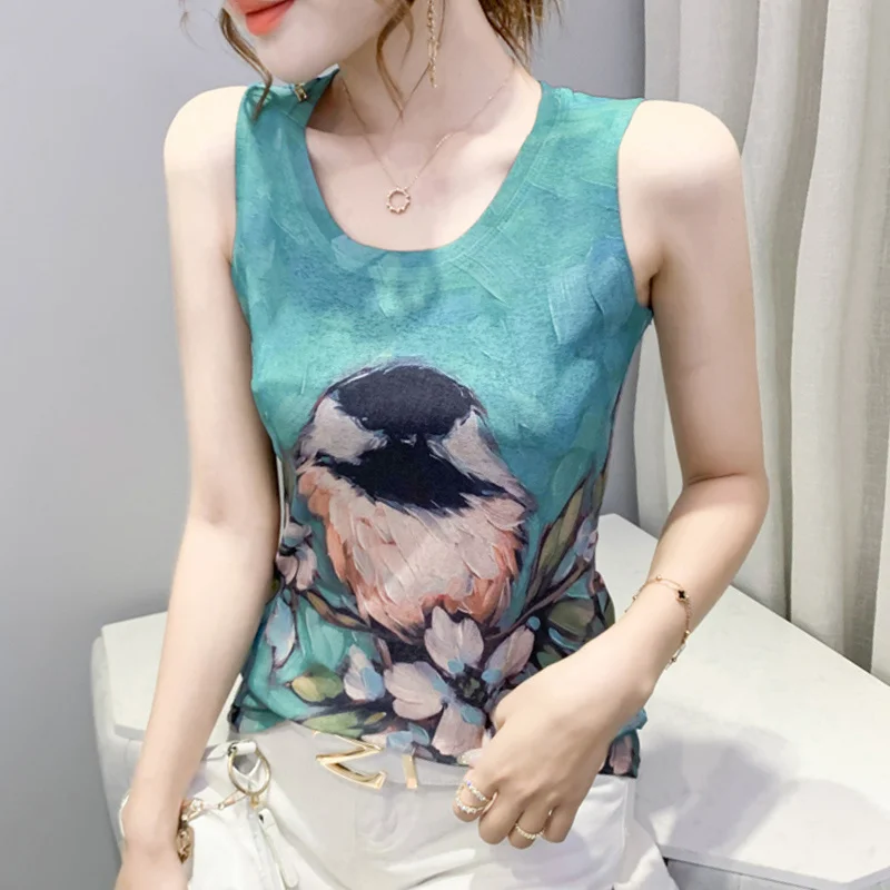 

#4515 Vintage Tank Tops For Women O Neck Printed Sexy Top Women Sleeveless Tight Basic Top Fashion Slim Crop Top Femme