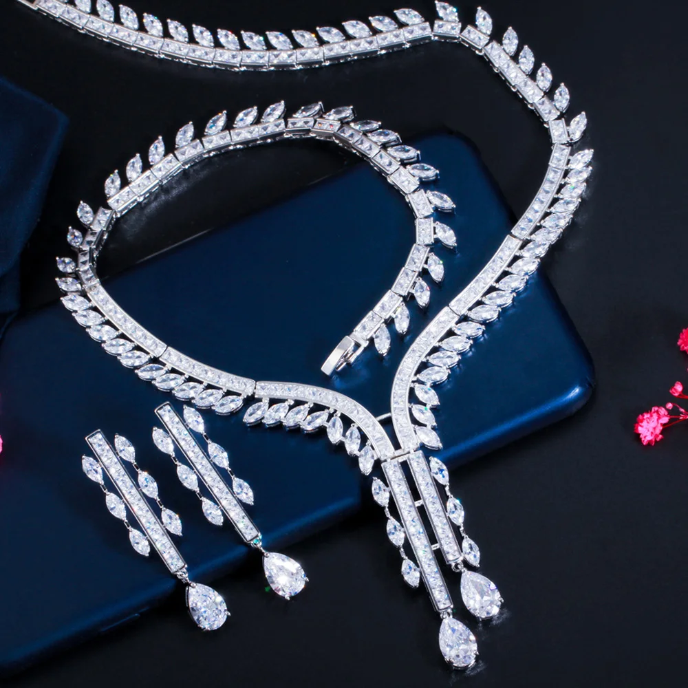 

Pera Brand Design Shiny Cubic Zirconia Long Dangle Waterdrop Pendant Necklace Sets for Women Wedding Jewelry Accessories J423