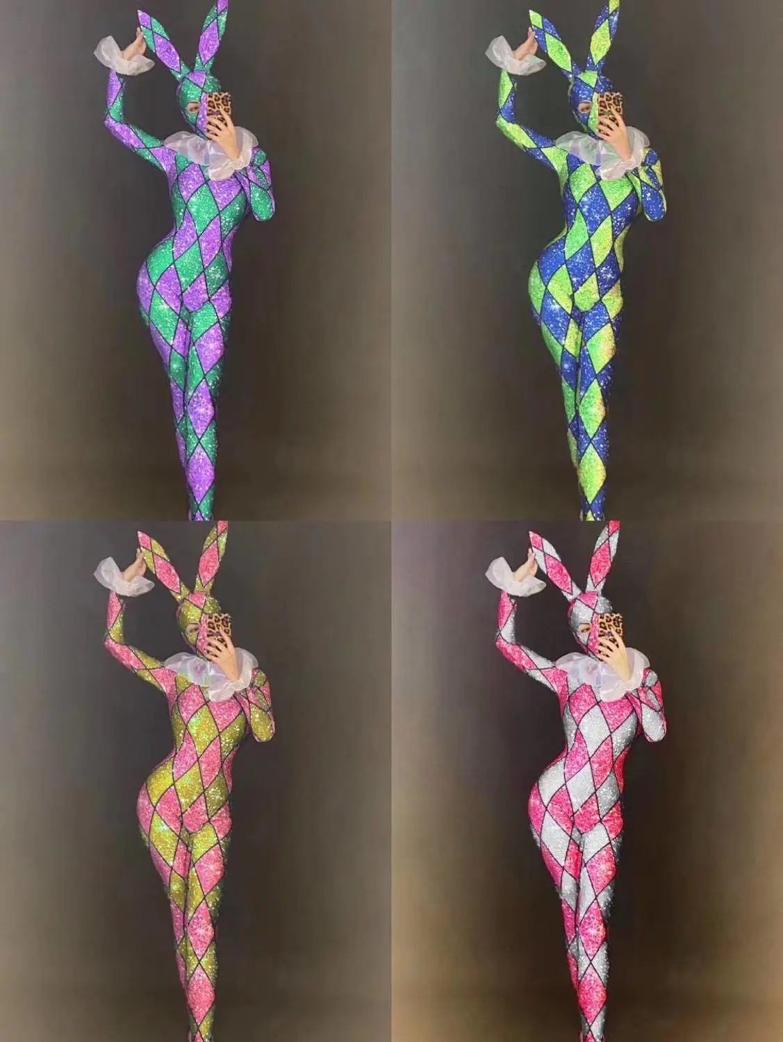 

Women New Sexy Female DJ Printing Lattice Bunny Girl Jumpsuit Multicolor Set Adult Stage Performance Costume Party Celebration