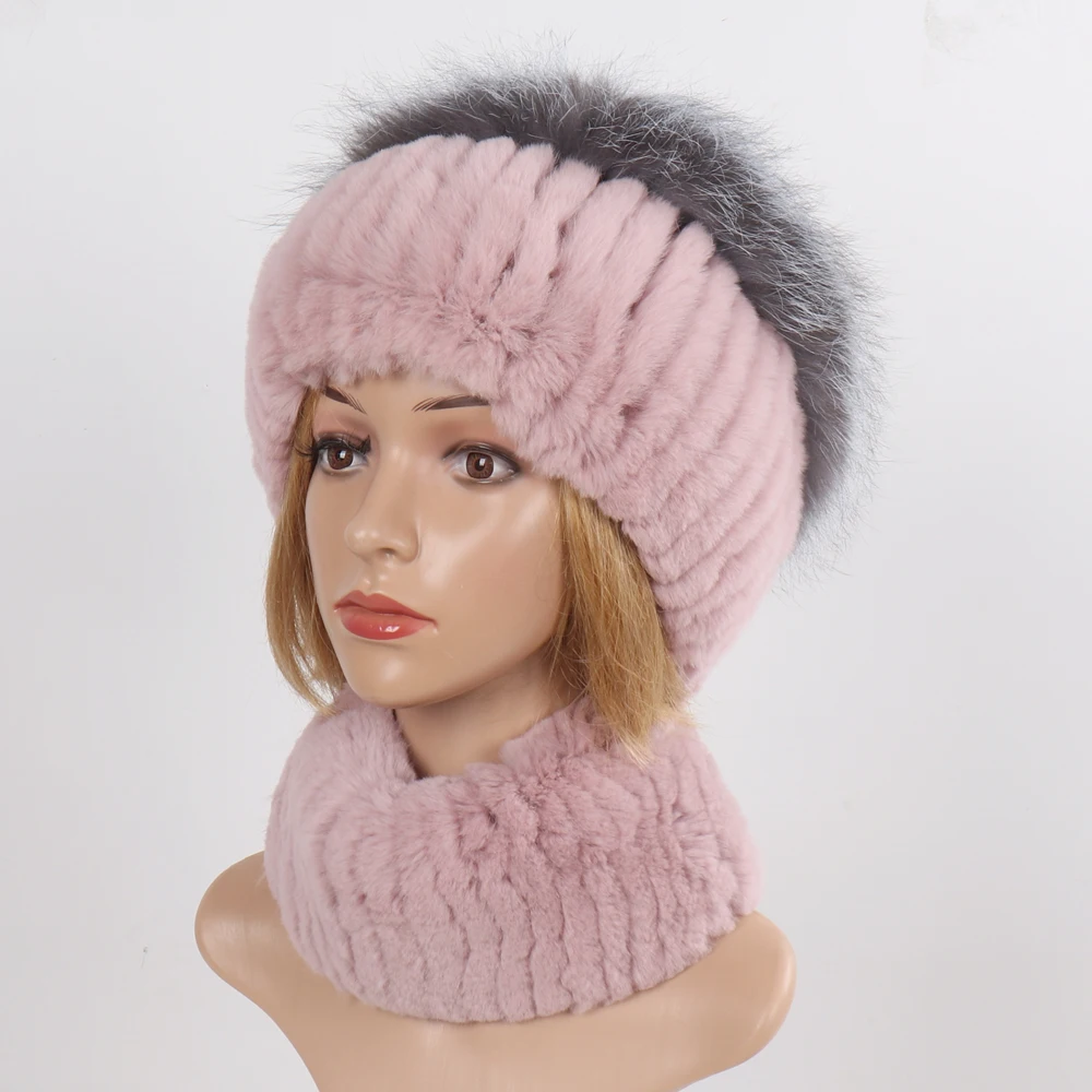 Women's Winter Warm Genuine Fur Hat Scarf Set Real Rex Rabbit Fur Cap with Silver Fox Scarves 2-Piece Natural Fashion Accessory