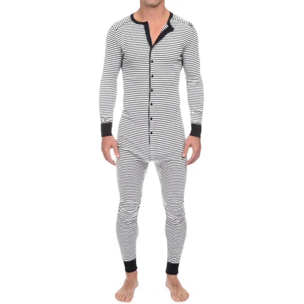 Men Underwear Pajama Skinny Striped Jumpsuit Long Sleeve O Neck Buttons Romper Sleepwear Overall Wholesale Onesies- Pajama Set