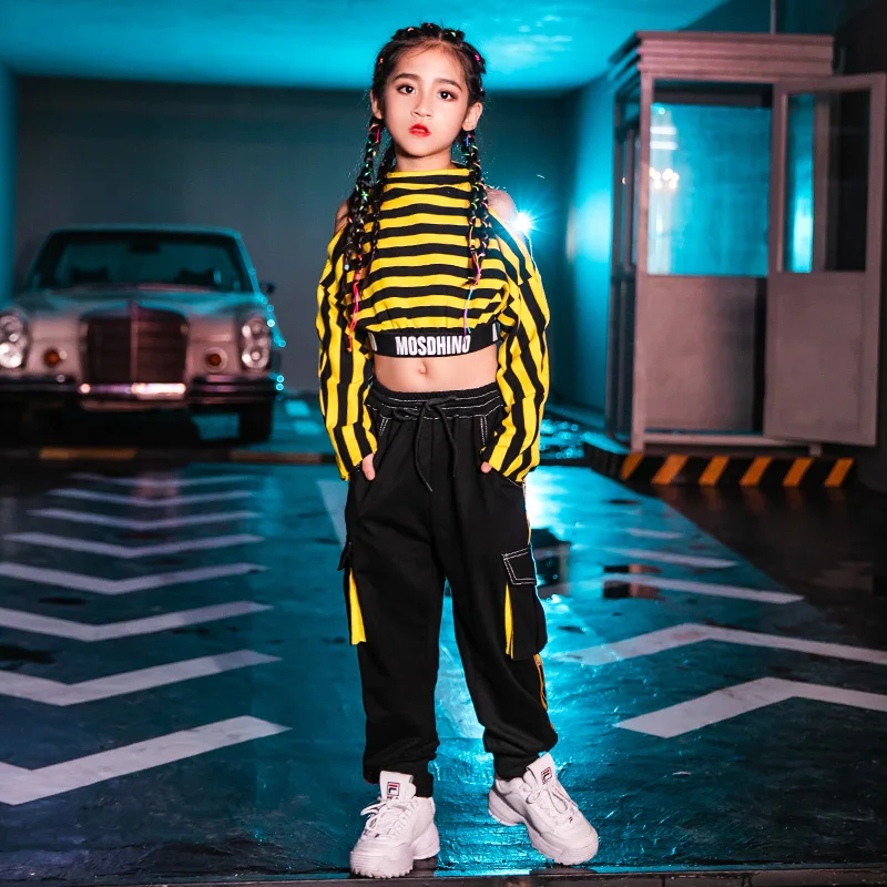 Hip Hop Dance Costumes Yellow Striped Top Kids Street Dancing Clothing Girls Cheerleader Set Girls Jazz Stage Show Wear DN4328