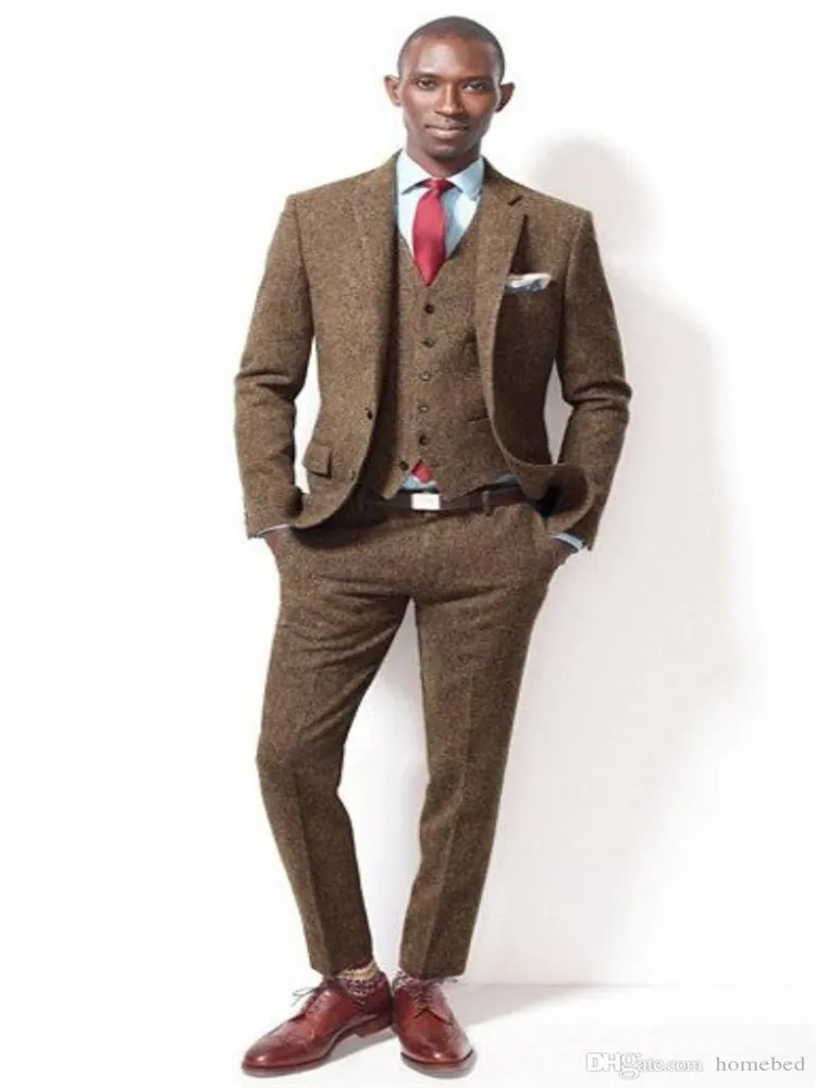 

Fashion Two Buttons Brown Tweed Groom Tuxedos Groomsmen Notch Lapel Mens Suits Blazers (Jacket+Pants+Vest+Tie)