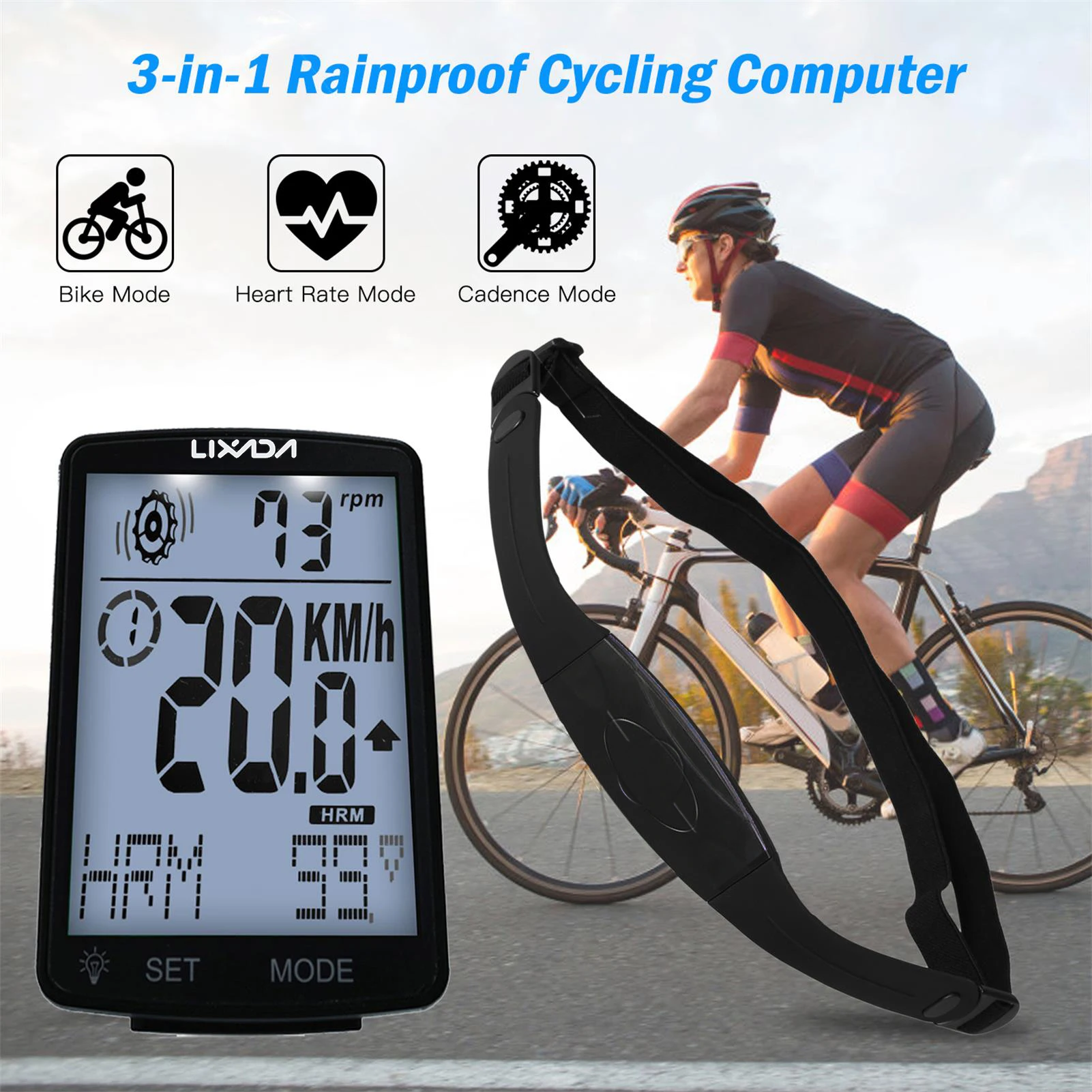 LIXADA Wireless Bike Computer 3 in 1 Multi Functional LCD Screen IPX7 Waterproof with Heart Rate Sensor Cycling Odometer