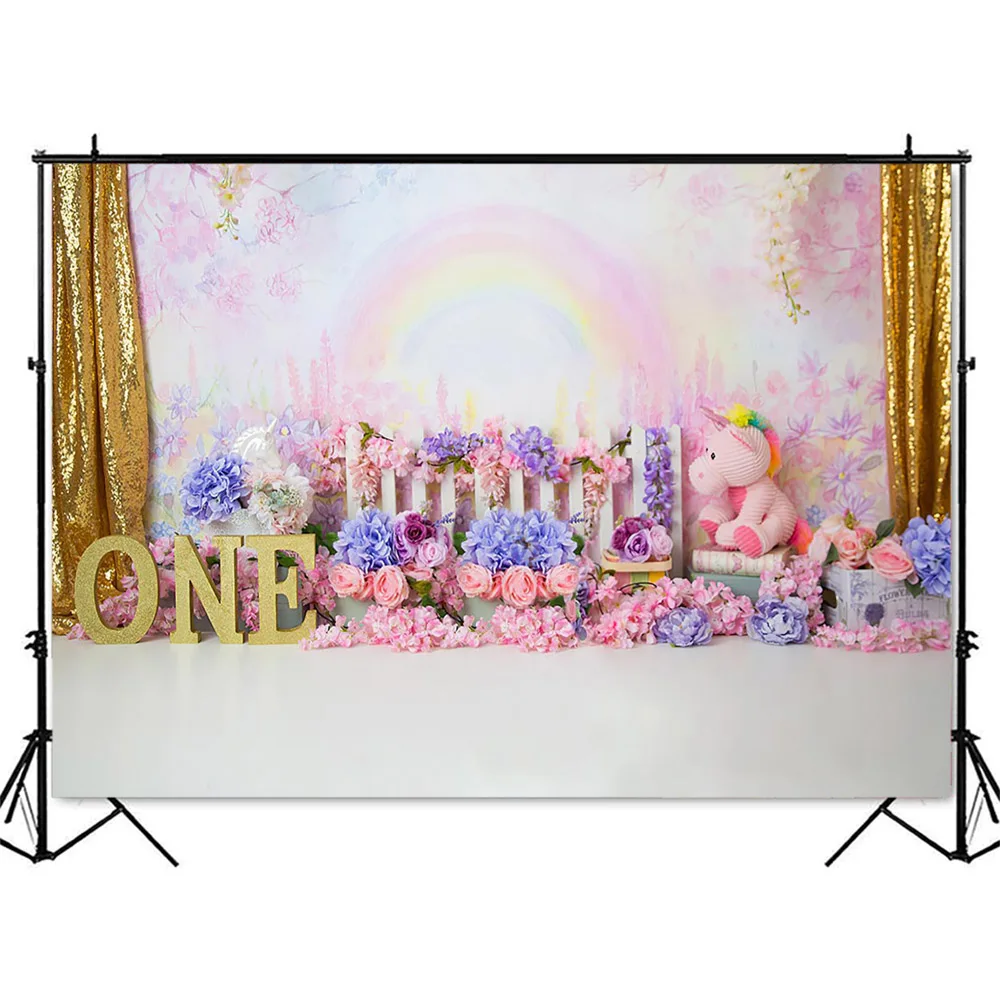 Радужный цветочный фон на 1-й день рождения торт разбивать портрет Блестящий Фон для фотостудии картина маслом цветы реквизит