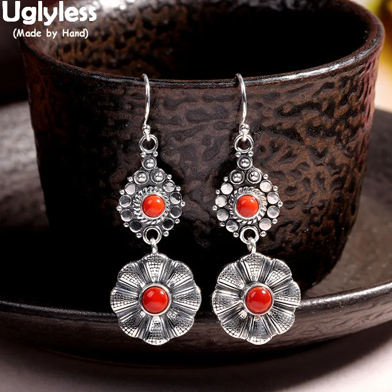 

Uglyless Exotic Thai Silver Flowers Earrings for Women Indonesian Style Agate Earrings Real 925 Silver Floral Brincos Jewelry