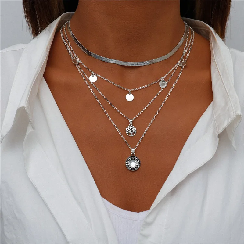 Vintage Mehrschichtige Mond-Münzen-Hamsa-Hand-Kettenhalsketten für Frauen, Boho Elefanten-Herzen-Anhänger Halsketten Schmuck – Detail 8