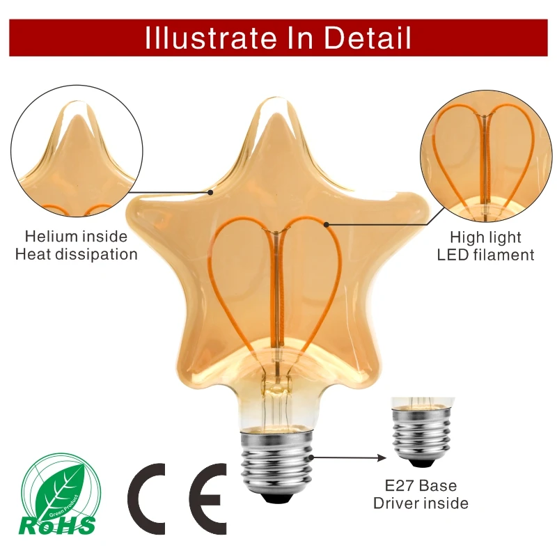 Dimmable E27 Retro Edison LED Heart Filament Light Bulb 4W Warm White 2200K 220V ST64 G80 G95 G125 Vintage Home Decoration Lamp