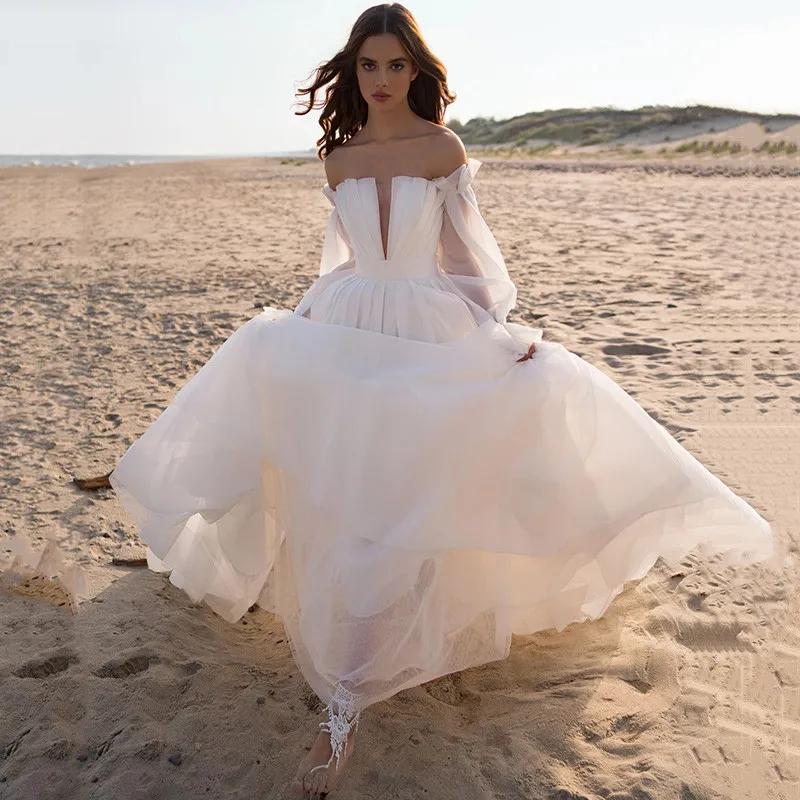 

Cheap Beach Wedding Dresses Organza Puff Long Sleeve Bride Dress 2022 Robe de Mariage A Line Arabic Bohemian Wedding Gowns