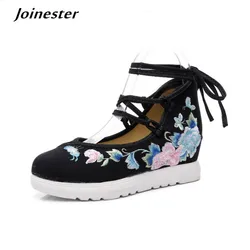 Spring Women Cross-Tied Embroidered Casual Shoes Girls Vintage Canvas Sneakers Ethnic Lace-Up Female Wedges Dancing Shoes