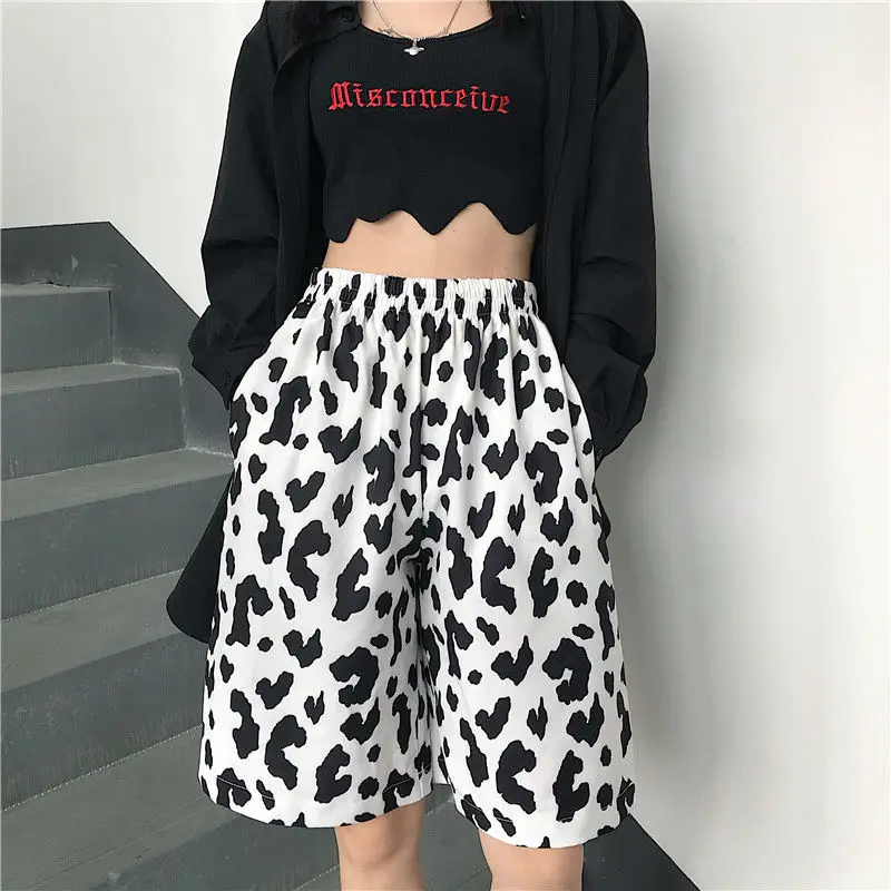 Casual Elastic High Waist Milk Cow Print Pants Women Summer Straight Loose Fashion Trousers Heat Pantalon Femme Pants