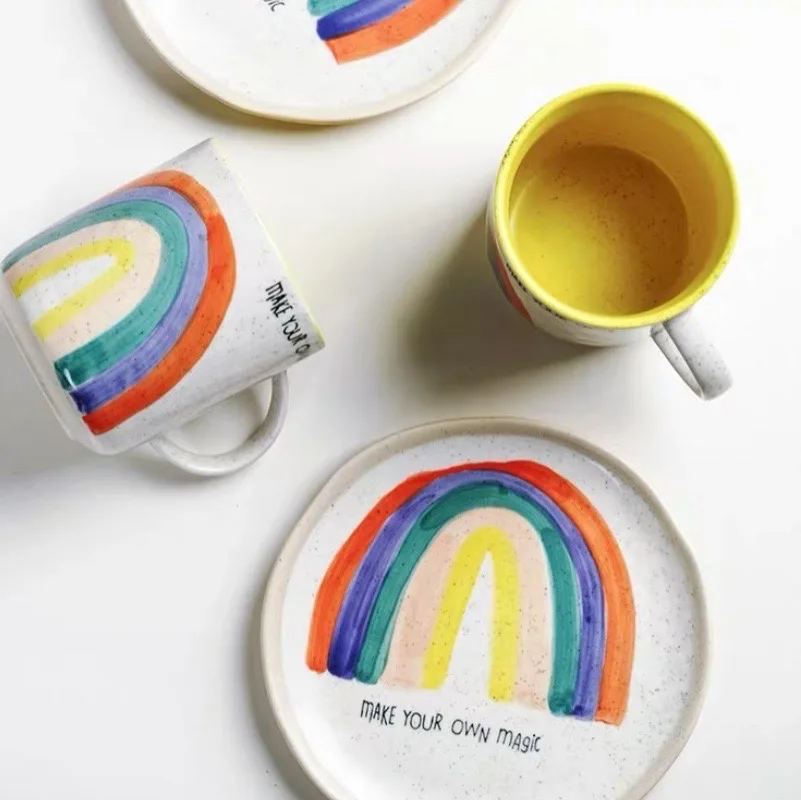 

Mug Plate Keepods INS Afternoon Tea Dessert Plateau Jetable Saucer Water Cup Cartoon Rainbow Hard Fine Porcelain Cute Home