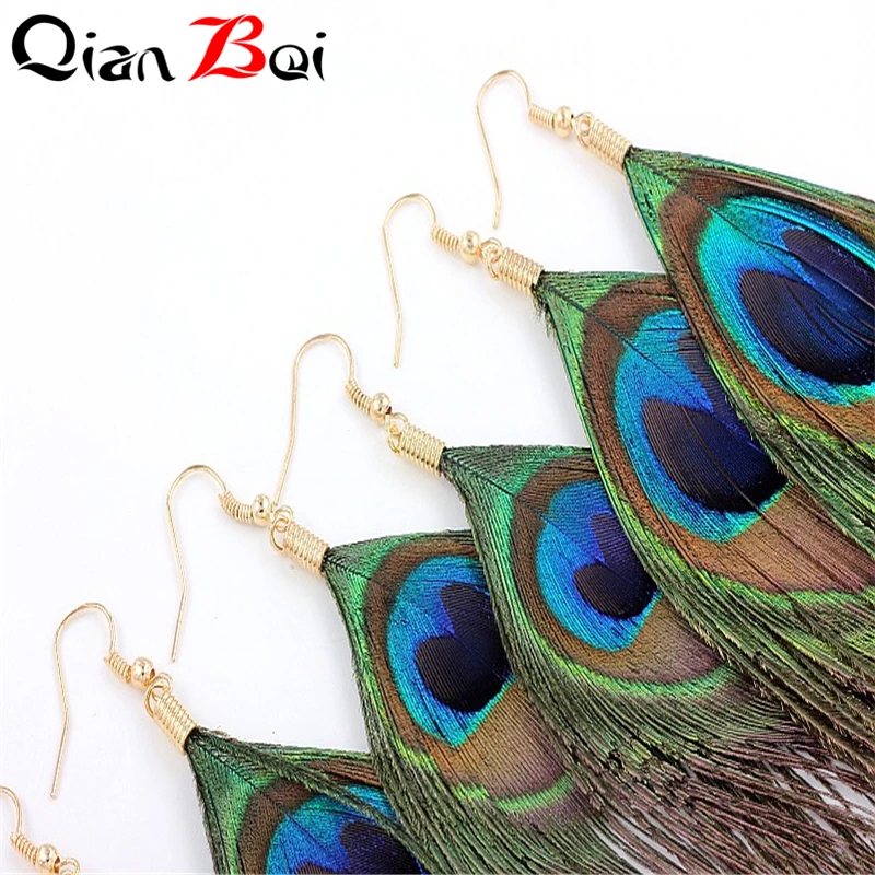 QianBei Resell Ethnic Earrings Long For Women Green Peacock Feather Drop Color Gold Hook Earring