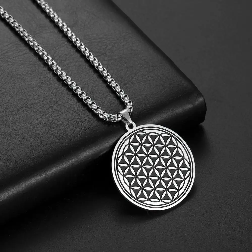 LIKGREAT Flower of Life Stainless Steel Round Pendant Chain Necklace Jewelry for Men Silver Color Statement Choker Women Gifts