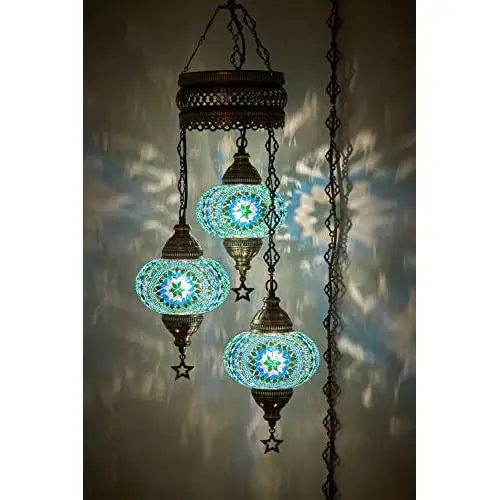 LaModaHome (Choose from 12 Designs) english Moroccan Mosaic Glass Chandelier Lights Hanging Ceiling Lamps (5 Globes 4.7 