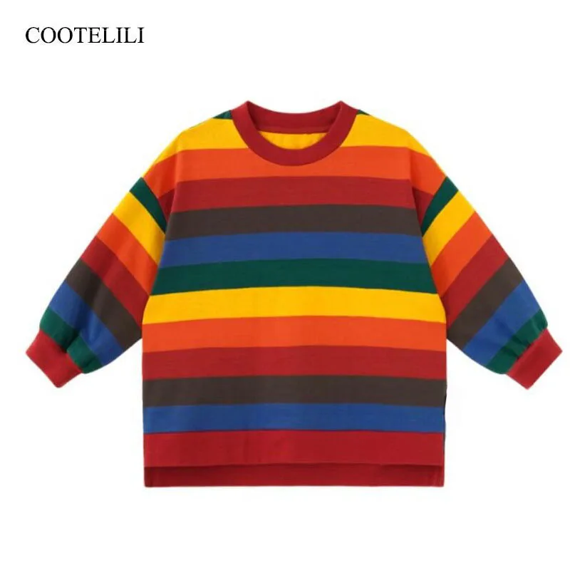 COOTELILI Baby Girls Sweatshirts Colorful Autumn Children Striped hoodies Long Sleeves Dress Coat for kids T-shirt clothes