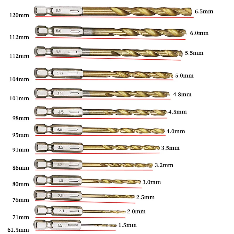 13PC HSS High Speed Steel Titanium Coated Drill Bits 1/4 Hex Shank 1.5-6.5mm wood Drill Bit Set Power Accessories carpenter tool