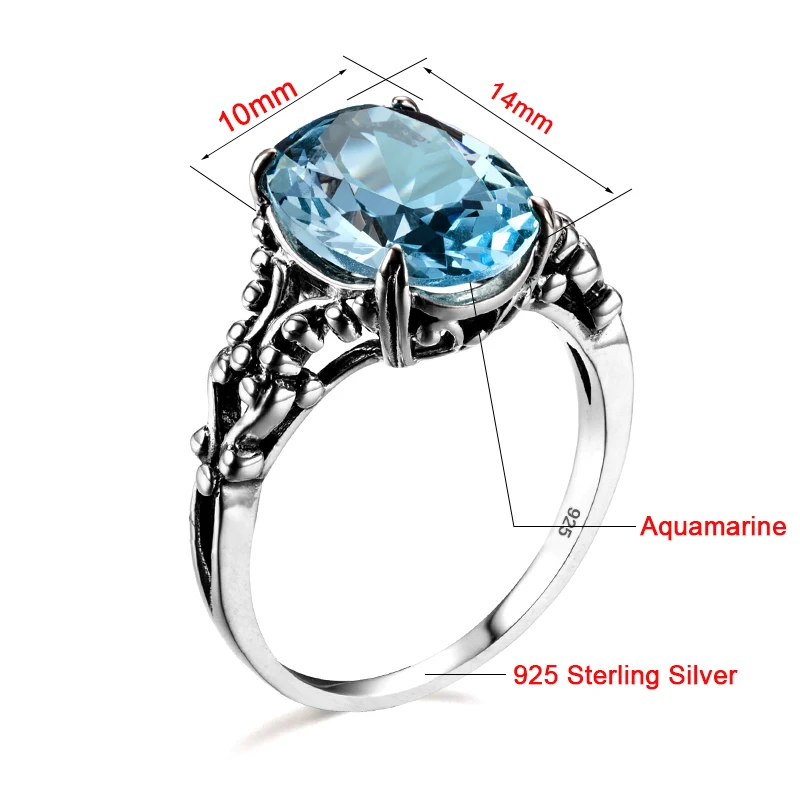 Echte 925er-Sterlingsilber-Damenringe, edler Schmuck, Aquamarin-Ring, neogotische ovale Form, Edelsteine, Eheringe, Schmuckgeschenk – Detail 5