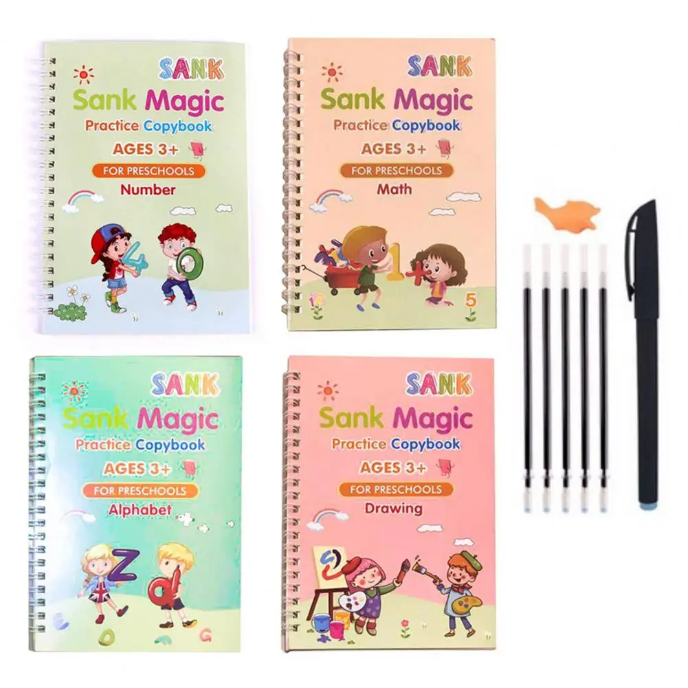 HOT SALES!!! 4Pcs Reusable English Alphabet Number Kids Drawing Practice Book Groove Copybook