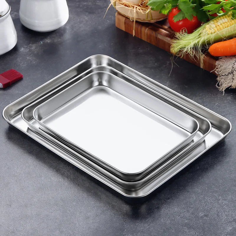 Stainless Steel Thick Food Storage Trays Rectangle Steamed Sausage Dish Restaurant Bread Fruit Plate Kitchen Utensils