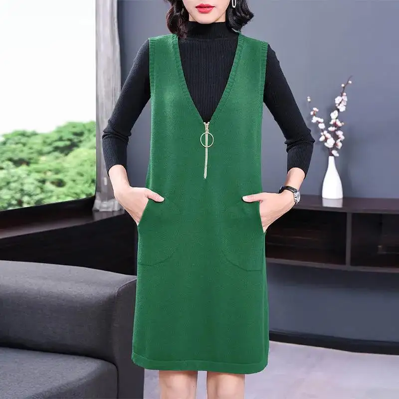 

New Knitted Waistcoat Vest Dress Spring Autumn Pullover Loose Long 5XL Zipper Sweater Vestidos Fashion Tops Female