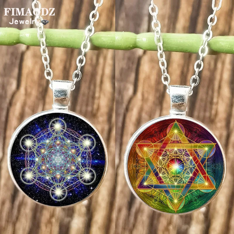 Geometry Metatron Cube Necklace for Men Lady Sri Yantra Flower of Life Glass Round Pendant Chain Necklaces Hexagram Jewelry