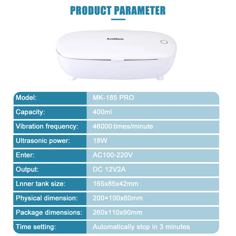 ACMESONIC 400ml 46KHz Ultrasonic Cleaning Machine High Frequency Portable For Jewelry Glasses Toys Household Cleaner Appliance