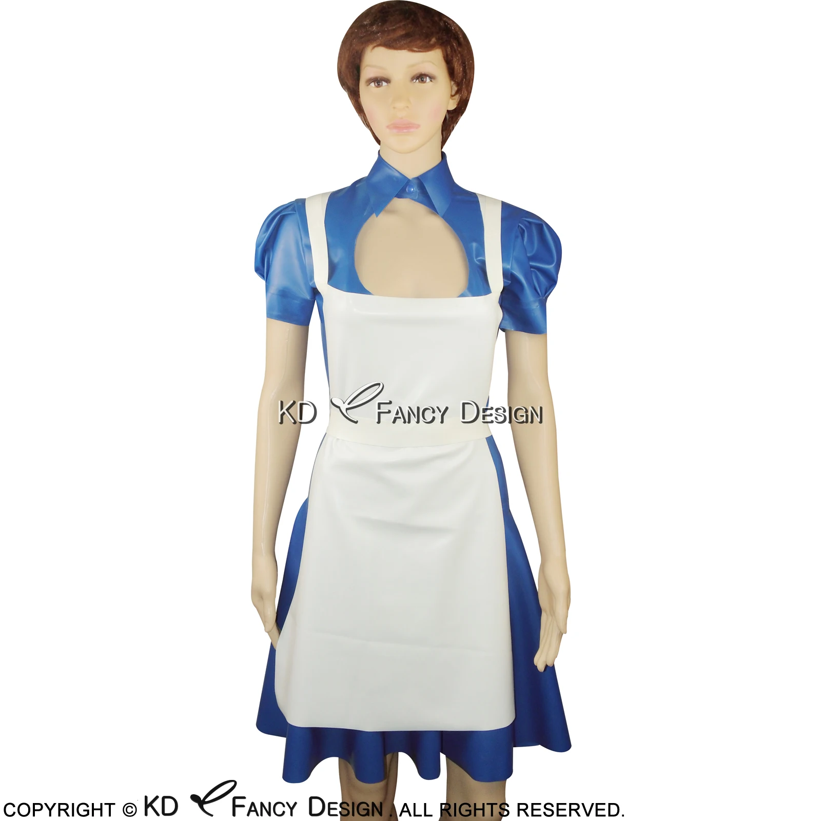 Blue And White Sexy French Maid Latex Dresses With Apron Bows Zipper At Back Open Front Rubber Uniforms LYQ-0015