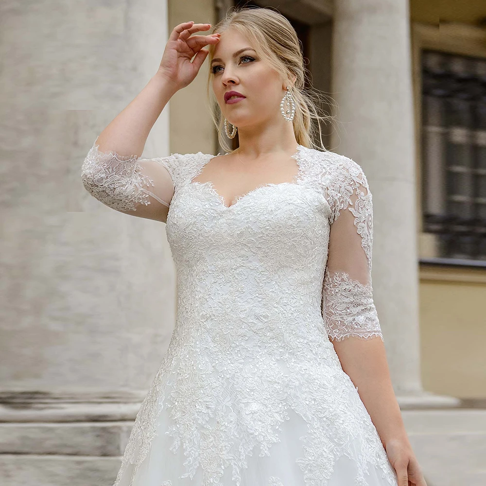 Customized Plus Size A-line Wedding Dress 2021 Sweetheart Half Sleeves Lace Chapel Train Tulle Bridal Gown With Applique Vestido