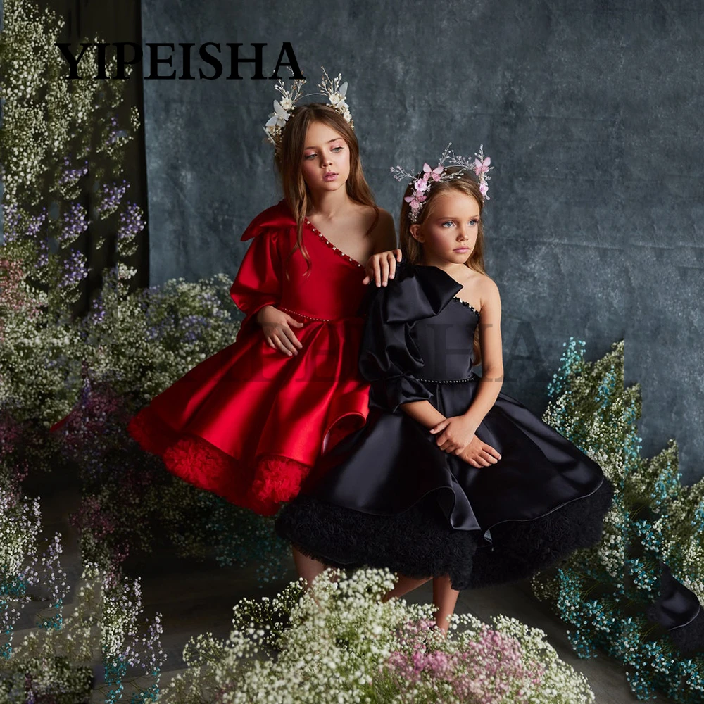 Eenvoudige Een Schouder Bloem Meisje Jurken Bow Tulle Satin A-lijn Kids Baljurk Платье Для Девочки Vestido De Fiesta de Boda