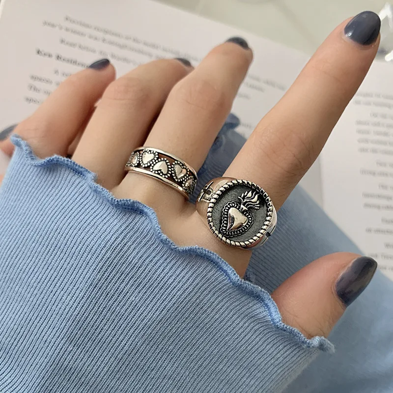 MEETSOFT 925 Sterling Silver Retro Hollow Heart Round Card Embossed Flame Opening Ring for Women HipHop Jewelry Drop Shipping