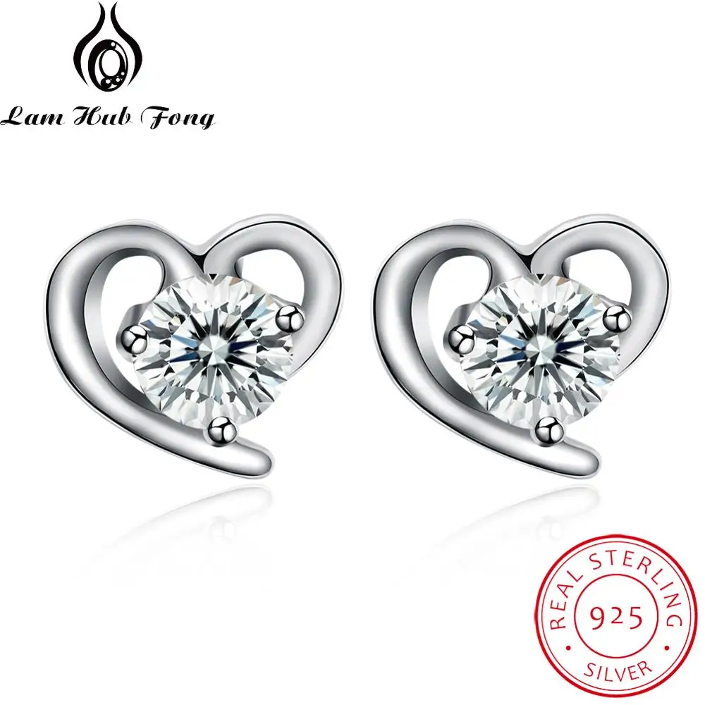 Authentic 925 Sterling Silver Heart Stud Earrings Clear Cubic Zirconia Stud Earrings Fine Jewelry Gift for Girls (Lam Hub Fong)