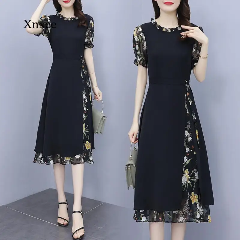 

Summer Women's Plus Size Fashion Patchwork Ladies Beach Dress New Floral Chiffon Dress Black