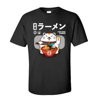 Fortune Ramen 100 % Baumwolle Herren Kurzarm T-Shirt Normales Sommer-/Herbst-T-Shirt Sweatshirts Süßes Katzennudel-T-Shirt