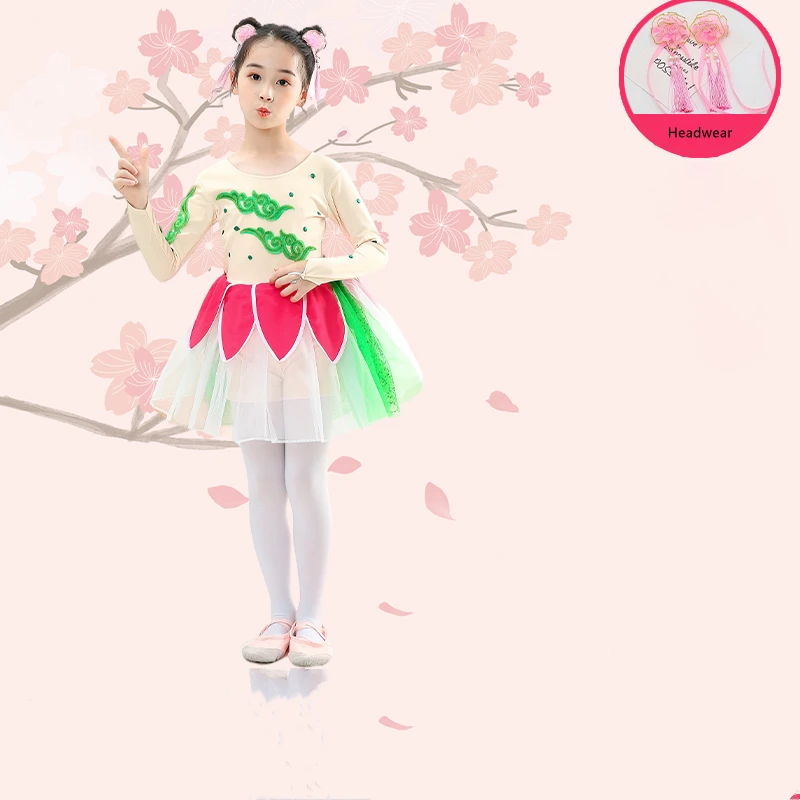 Kids Dance Costumes New Cute Style Peach Blossom Headwear Hat Long Sleeve Petal Puffy Dresses Girls Stage Performance Clothing