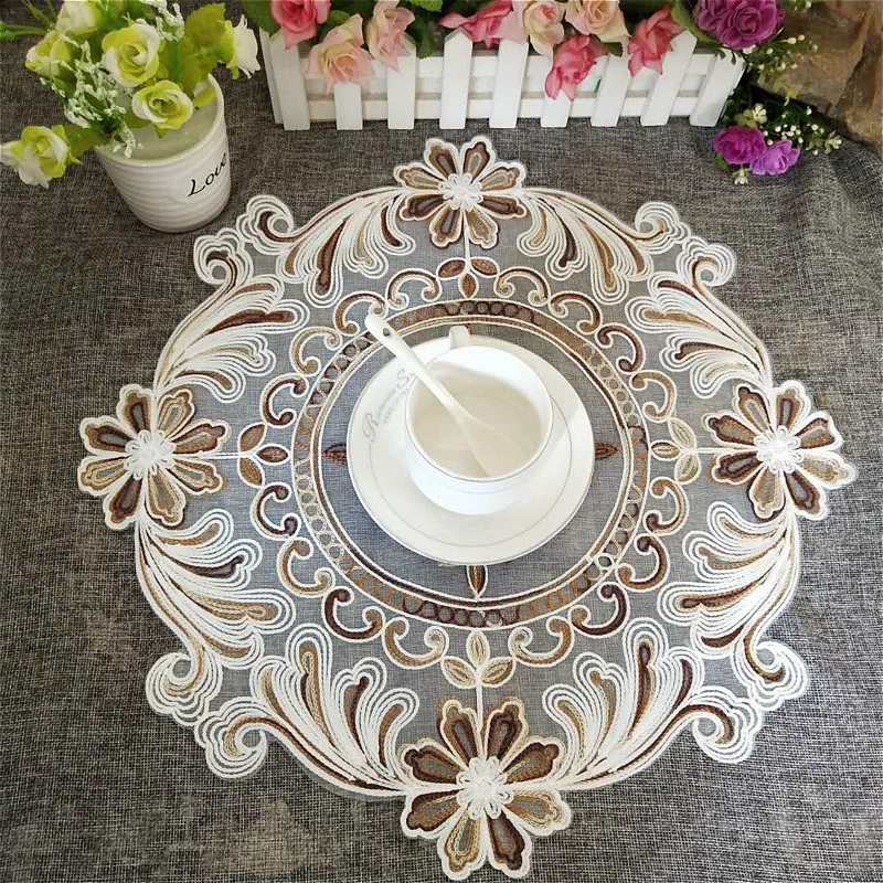 European Lace Embroidery Round Placemat Bedroom Balcony Coaster Coffee Table Mat Food Dessert Fruit Plate Beverage Cover Cloth