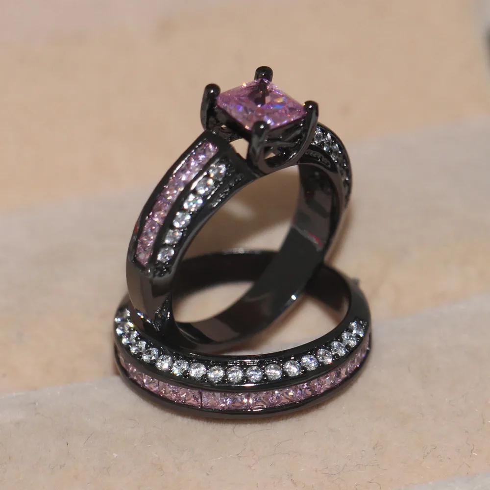 Vintage Pink Diamond Ring Sets 10KT Black Gold Filled Engagement Wedding Band Rings for women Bridal set Promise Party Jewelry