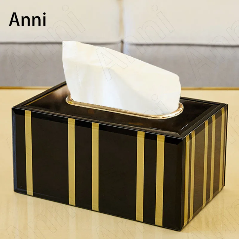 Nordic Simple Glass Tissue Boxes Creativity Golden Stripes Embellishment Wooden Paper Towel Storage Box Living Room Decoration