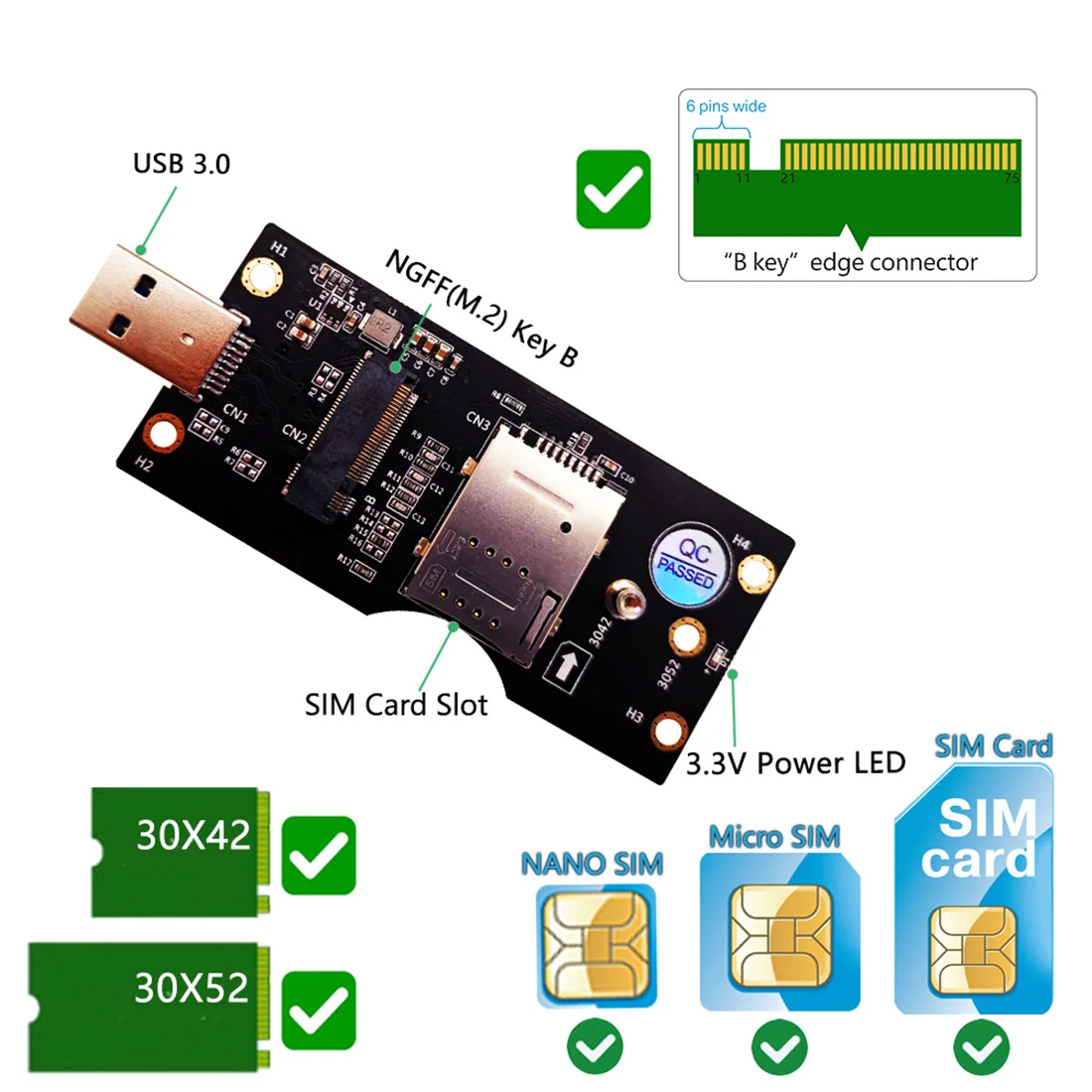 XT-XINTE for NGFF(M.2)  to USB 3.0 Adapter with SIM 8pin card Slot for 3G/4G/5G Converter Card